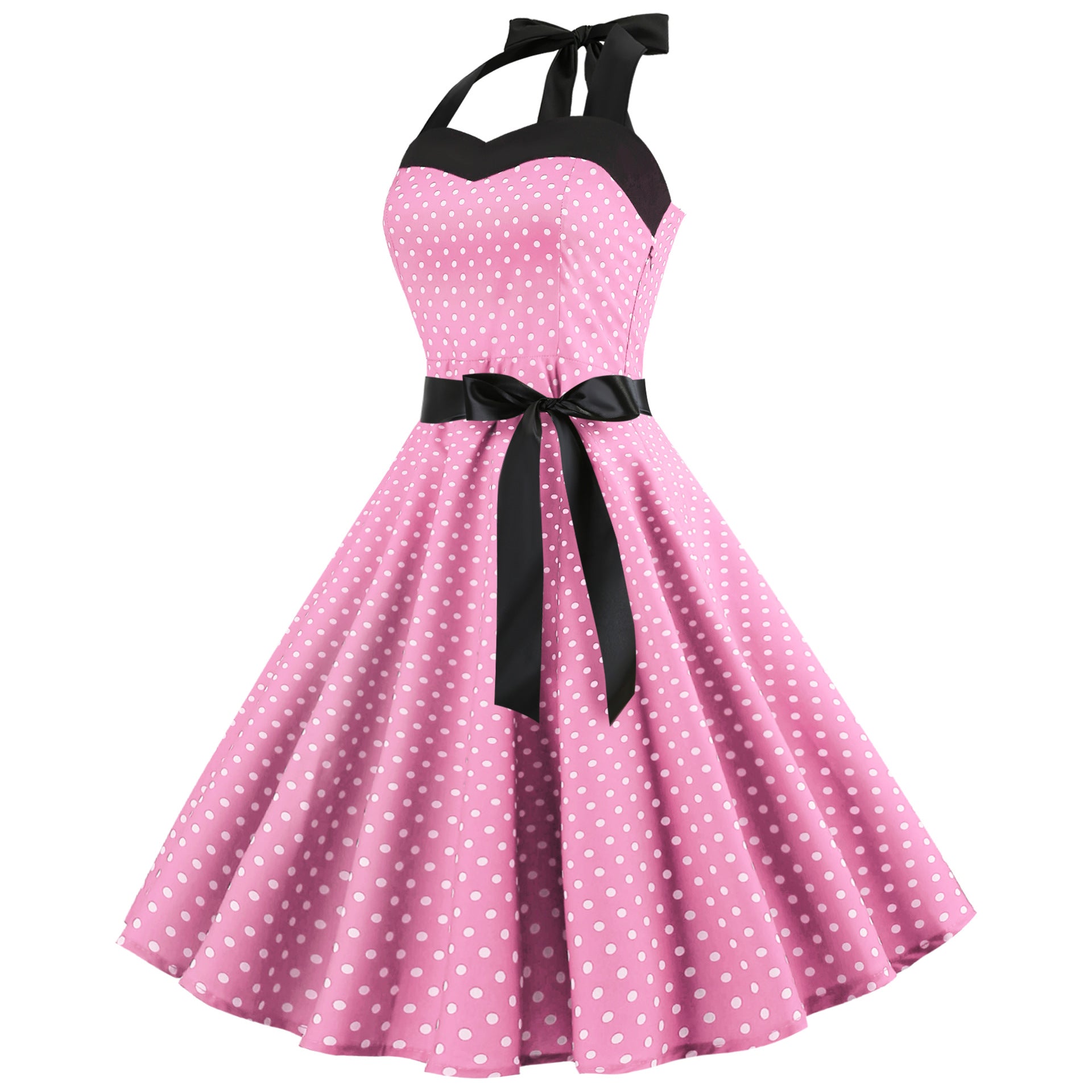 Elegant Women Pink Polka Dot Dress Summer Robe Hepburn 1950s 60s Vintage Sexy Halter Rockabilly Retro Party Dresses 2026 Vestido