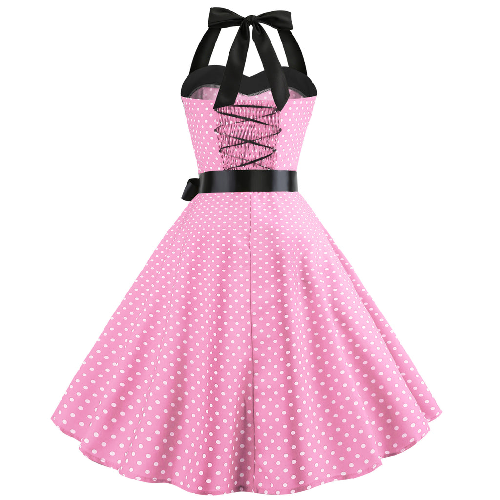 Elegant Women Pink Polka Dot Dress Summer Robe Hepburn 1950s 60s Vintage Sexy Halter Rockabilly Retro Party Dresses 2026 Vestido