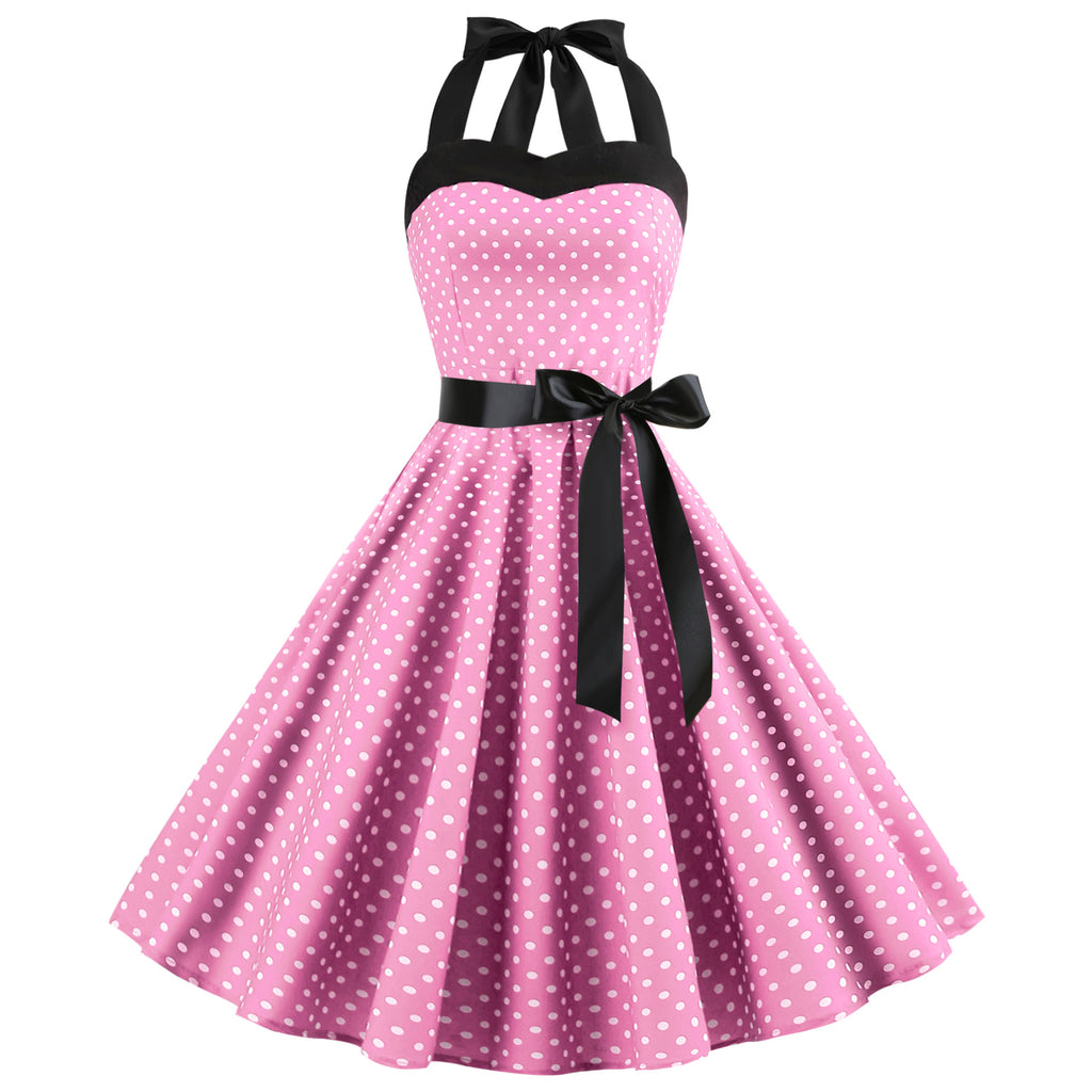 Elegant Women Pink Polka Dot Dress Summer Robe Hepburn 1950s 60s Vintage Sexy Halter Rockabilly Retro Party Dresses 2026 Vestido
