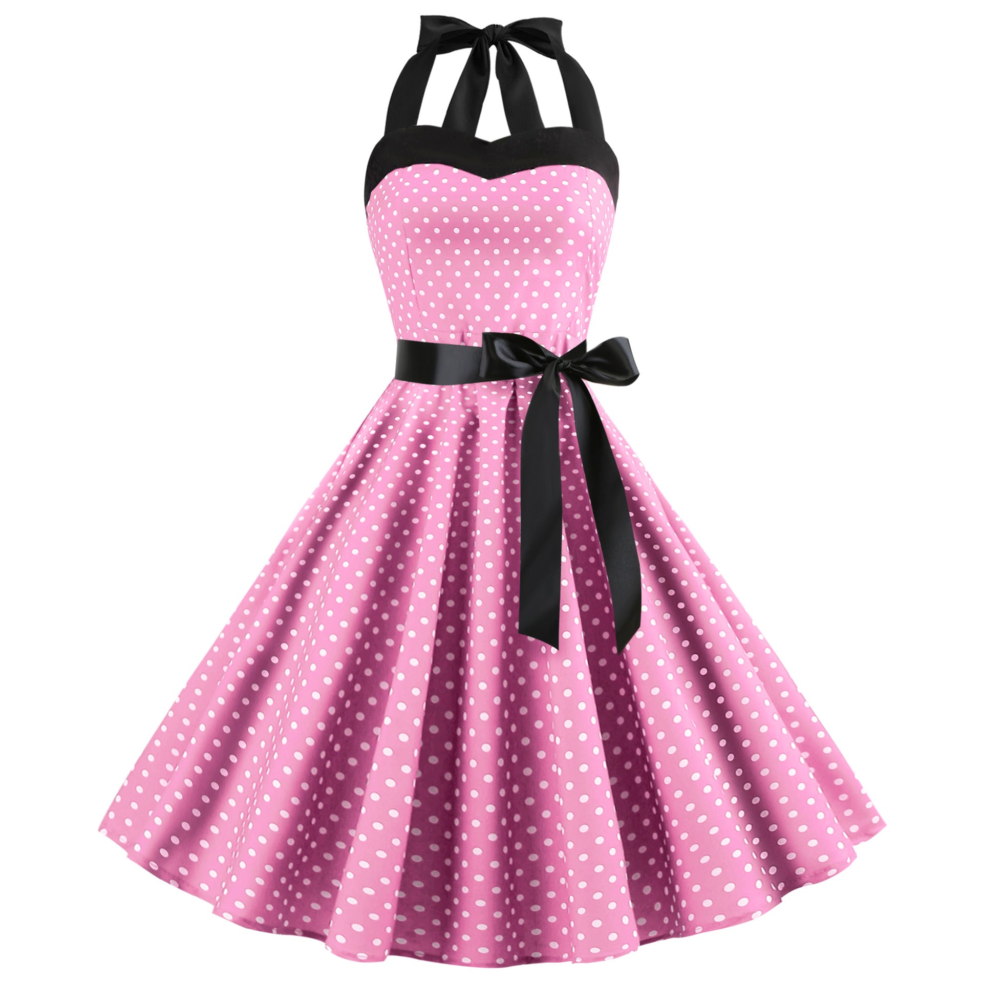 Elegant Women Pink Polka Dot Dress Summer Robe Hepburn 1950s 60s Vintage Sexy Halter Rockabilly Retro Party Dresses 2026 Vestido