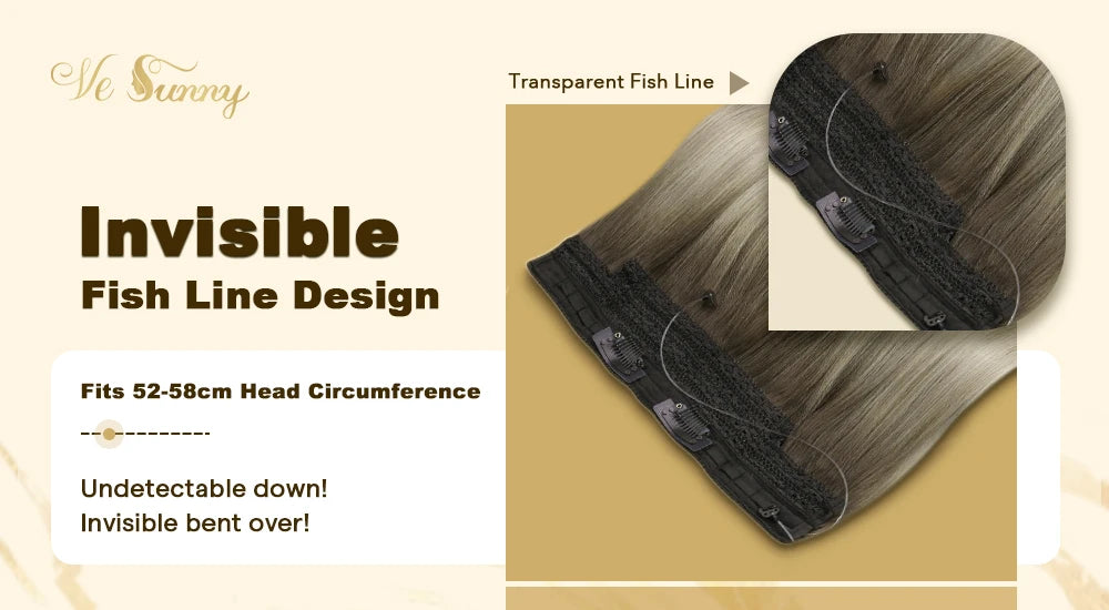 VeSunny Fish Line Human Hair Extension Wire Natural Hair One Piece Invisible Wire Hair Weft with 2 Clips Blonde Soft Remy Hair