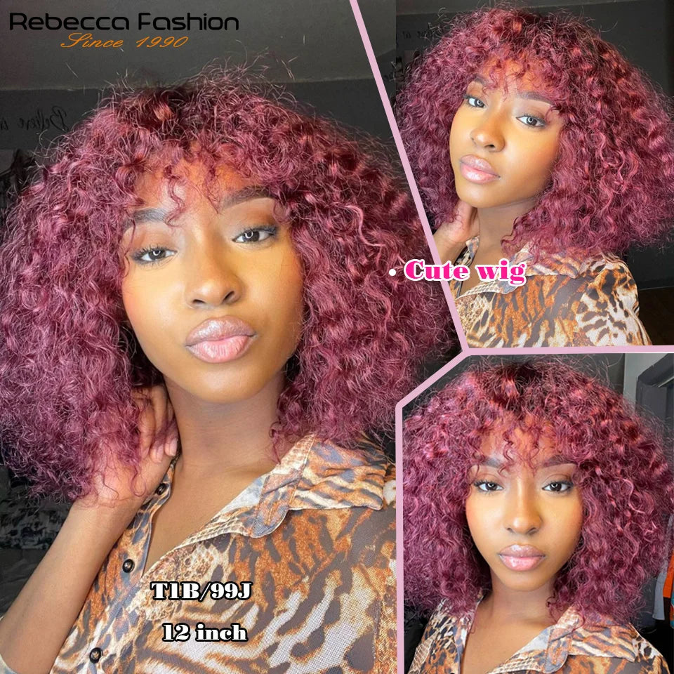 Short Curly Bob Wig With Bangs 100% Human Hair Wigs For Women Brazilian Remy 4C Hair Jerry Curl Glueless Daily Use Natural Color
