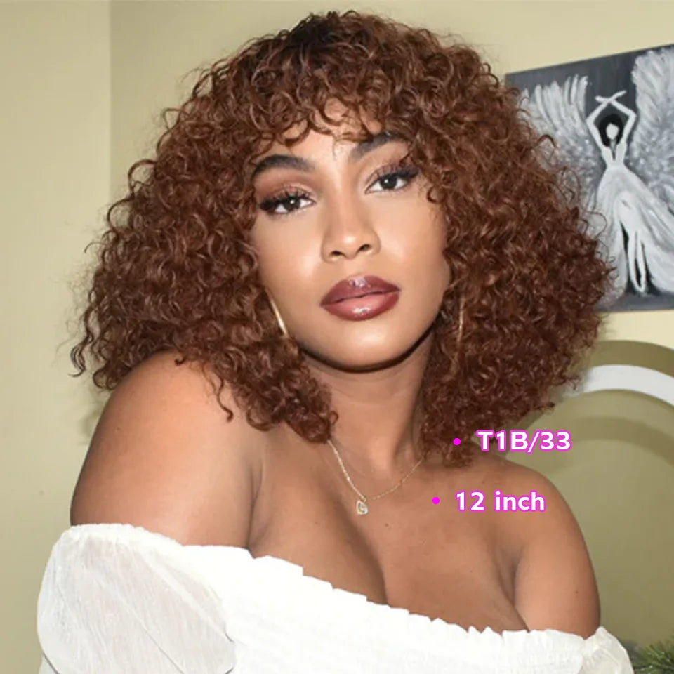 Short Curly Bob Wig With Bangs 100% Human Hair Wigs For Women Brazilian Remy 4C Hair Jerry Curl Glueless Daily Use Natural Color