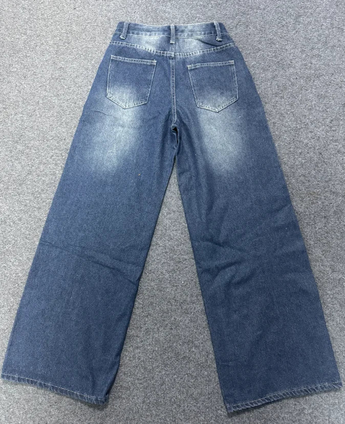Women's Washed Blue High-Waist Metal Grommet Wide Leg Jeans 2026 Casual Loose Fit Streetwear Pants Casual Trousers
