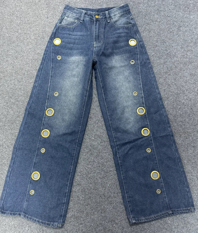 Women's Washed Blue High-Waist Metal Grommet Wide Leg Jeans 2026 Casual Loose Fit Streetwear Pants Casual Trousers