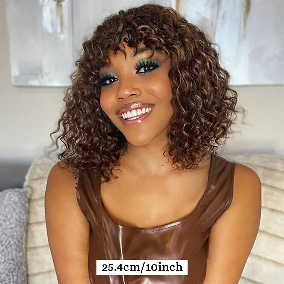 Short Curly Bob Wig With Bangs 100% Human Hair Wigs For Women Brazilian Remy 4C Hair Jerry Curl Glueless Daily Use Natural Color