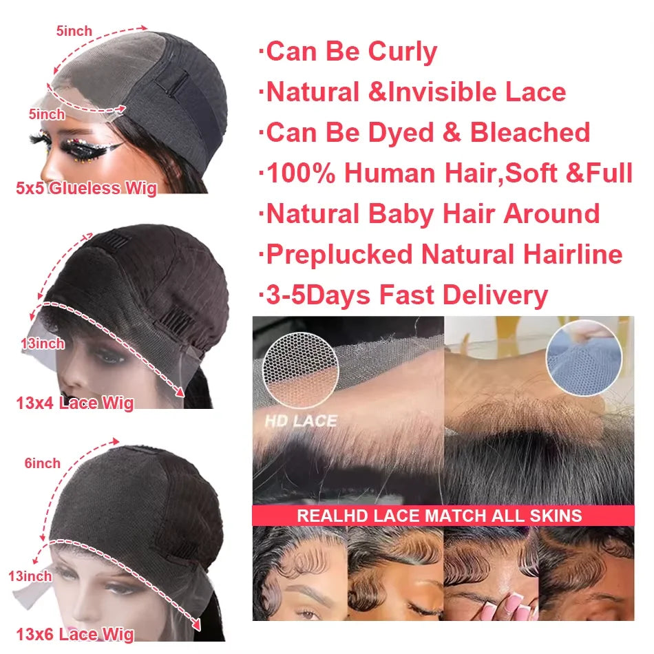 30 32Inch Body Wave HD Lace Front Wigs Pre Plucked Loose Wave 300% Density 13x6 HD Lace Frontal Wig Glueless Human Hair Wig