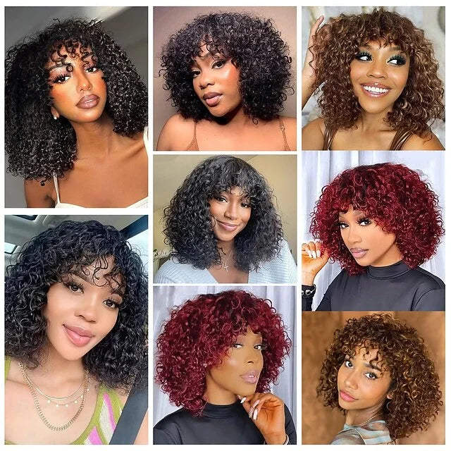 Short Curly Bob Wig With Bangs 100% Human Hair Wigs For Women Brazilian Remy 4C Hair Jerry Curl Glueless Daily Use Natural Color