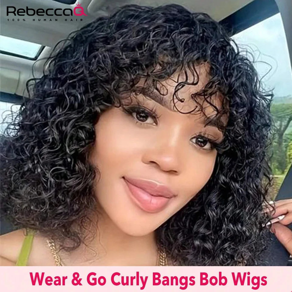 Short Curly Bob Wig With Bangs 100% Human Hair Wigs For Women Brazilian Remy 4C Hair Jerry Curl Glueless Daily Use Natural Color