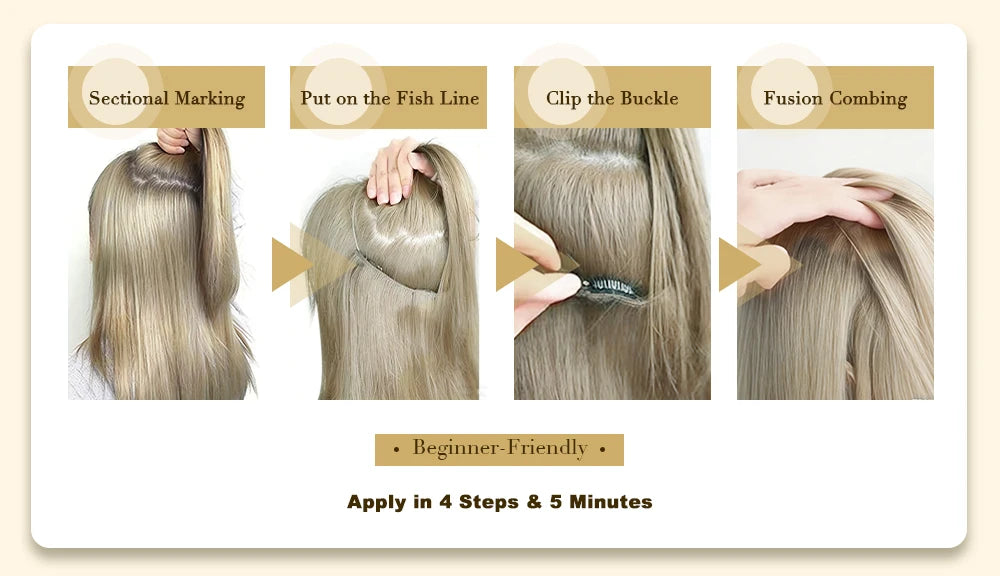 VeSunny Fish Line Human Hair Extension Wire Natural Hair One Piece Invisible Wire Hair Weft with 2 Clips Blonde Soft Remy Hair