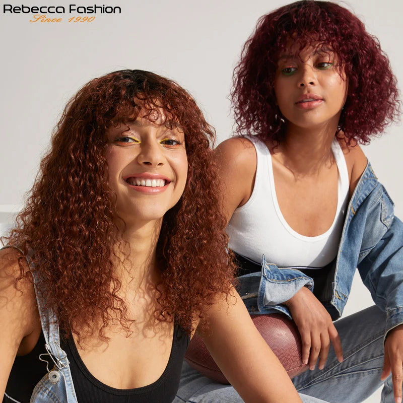 Short Curly Bob Wig With Bangs 100% Human Hair Wigs For Women Brazilian Remy 4C Hair Jerry Curl Glueless Daily Use Natural Color
