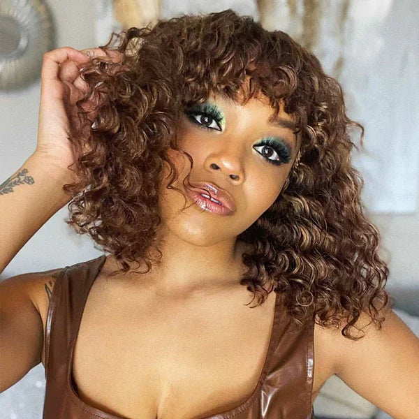 Short Curly Bob Wig With Bangs 100% Human Hair Wigs For Women Brazilian Remy 4C Hair Jerry Curl Glueless Daily Use Natural Color