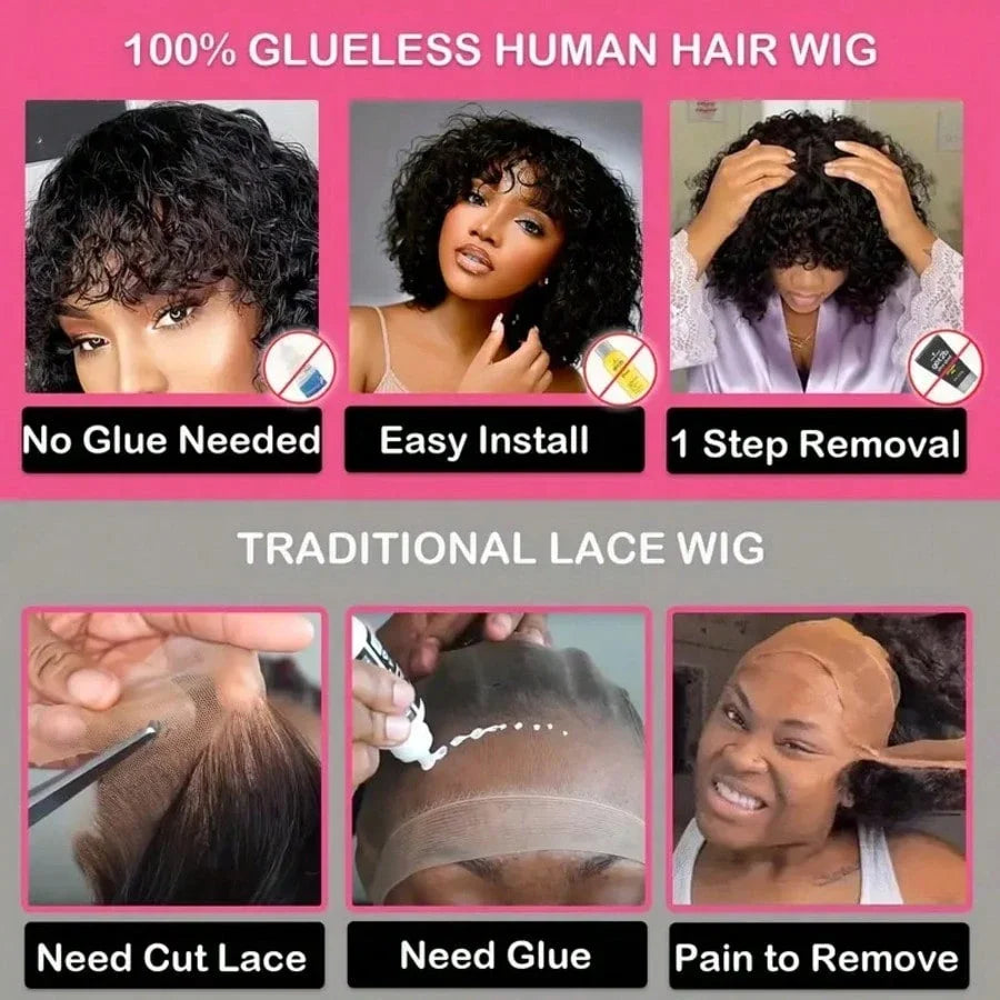 Short Curly Bob Wig With Bangs 100% Human Hair Wigs For Women Brazilian Remy 4C Hair Jerry Curl Glueless Daily Use Natural Color