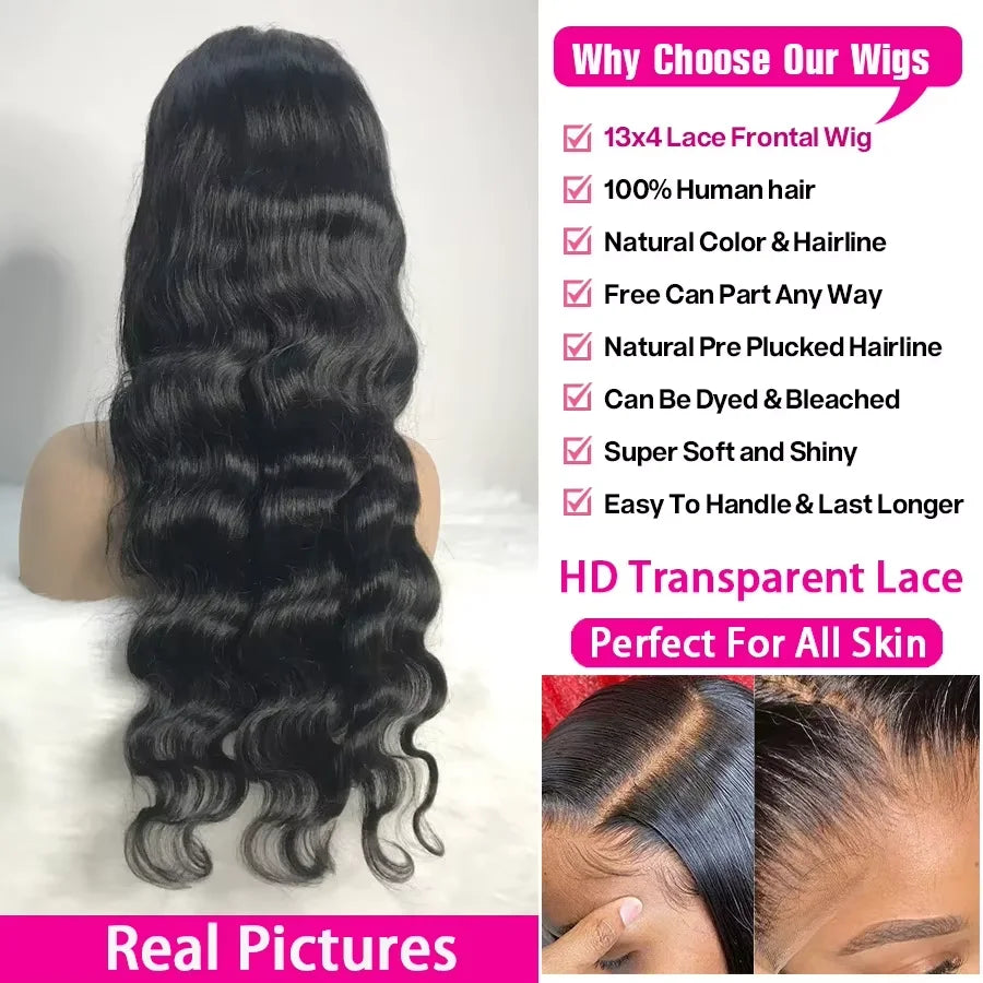 30 32Inch Body Wave HD Lace Front Wigs Pre Plucked Loose Wave 300% Density 13x6 HD Lace Frontal Wig Glueless Human Hair Wig
