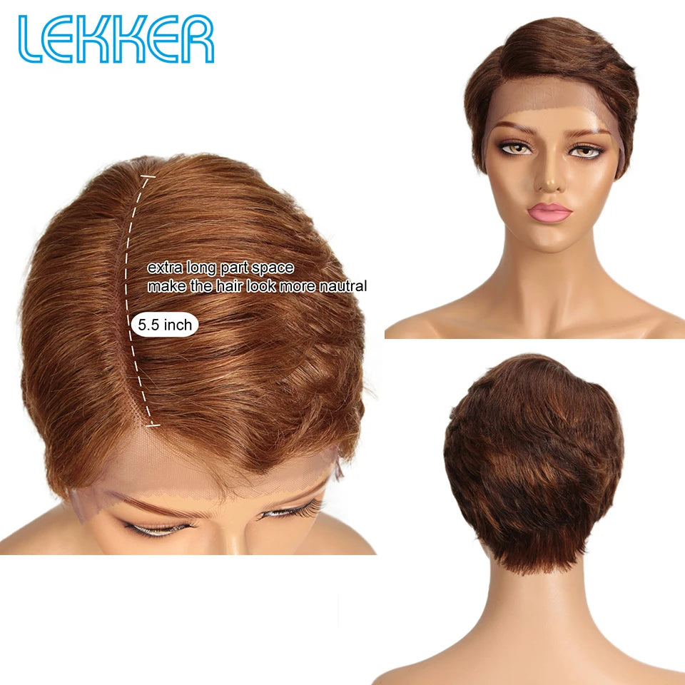 Lekker Black Short Pixie Cut 13X1 C Part Lace Front 100% Human Hair Wigs For Women Glueless Brazilian Remy Hair Straight Wigs