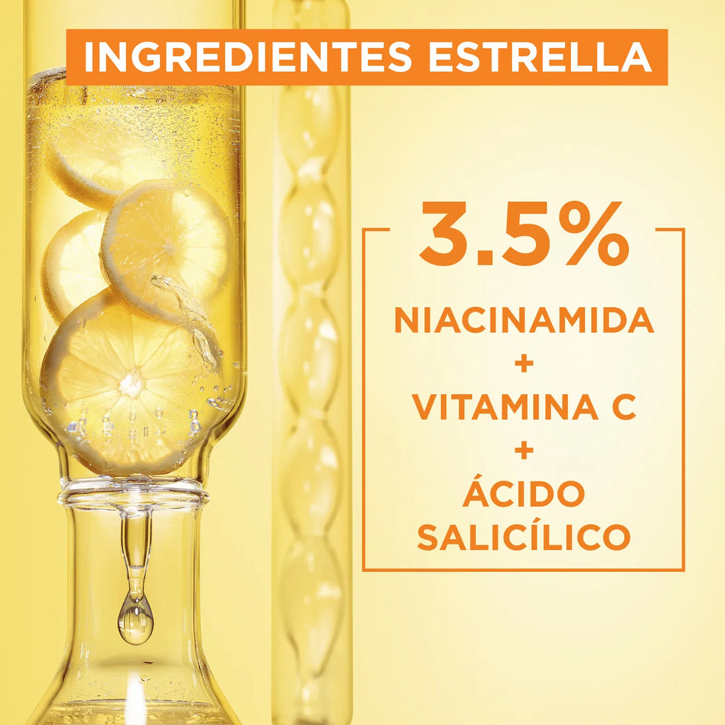 Garnier |   Anti stain serum with vitamin c, niacinamide and salicylic acid. Reduces the intensity of dark spots even acne marks by 43% and provides luminosity. Efficacy approved by laboratories