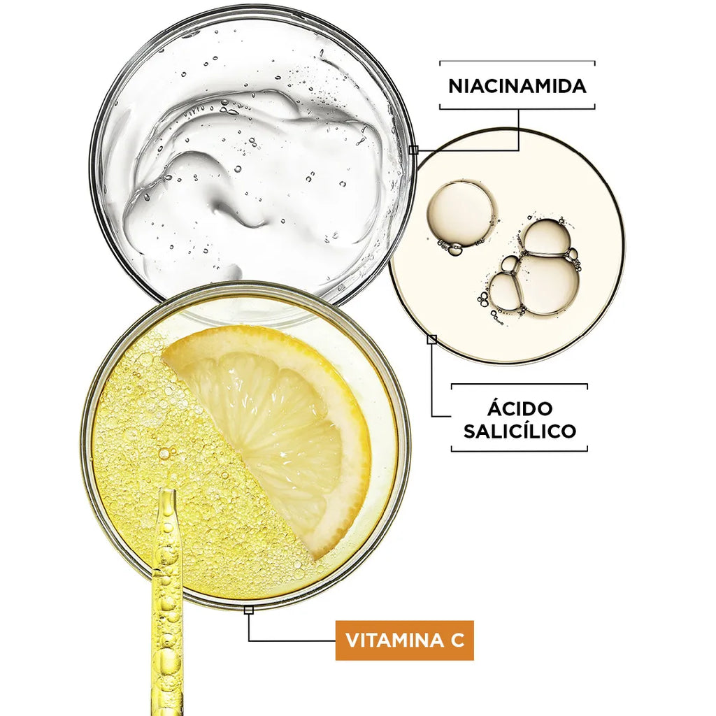 Garnier |   Anti stain serum with vitamin c, niacinamide and salicylic acid. Reduces the intensity of dark spots even acne marks by 43% and provides luminosity. Efficacy approved by laboratories
