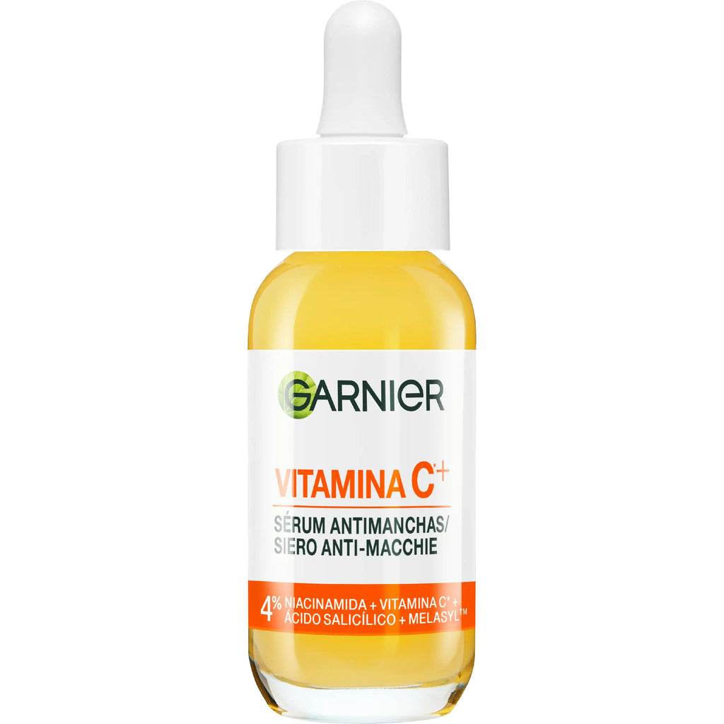 Garnier |   Anti stain serum with vitamin c, niacinamide and salicylic acid. Reduces the intensity of dark spots even acne marks by 43% and provides luminosity. Efficacy approved by laboratories