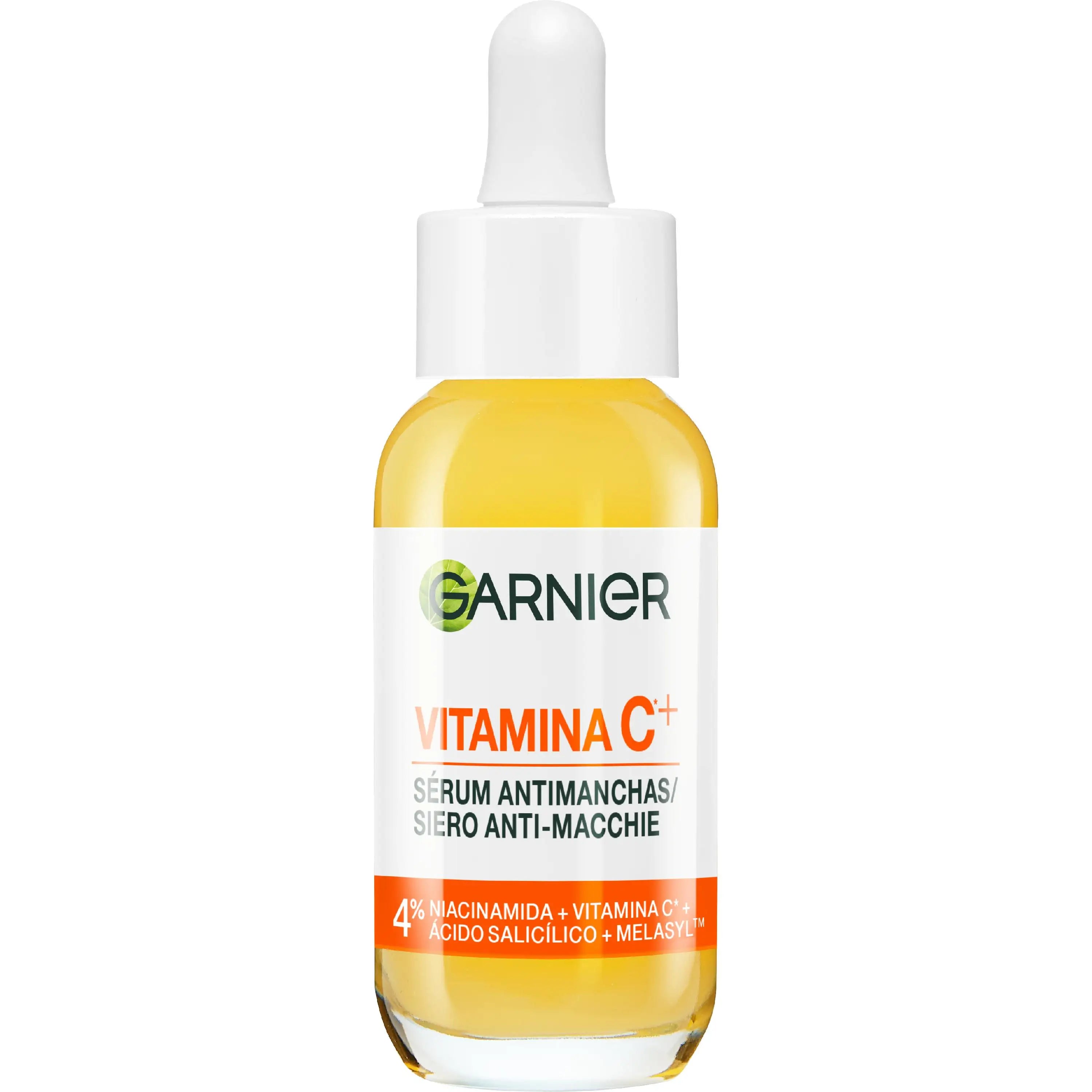 Garnier |   Anti stain serum with vitamin c, niacinamide and salicylic acid. Reduces the intensity of dark spots even acne marks by 43% and provides luminosity. Efficacy approved by laboratories