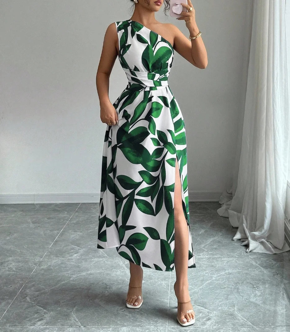 One Shoulder Sleeveless Waist-Cinched Split Maxi Women Dresses Vacation Leaf Print Slimming Long Dresses