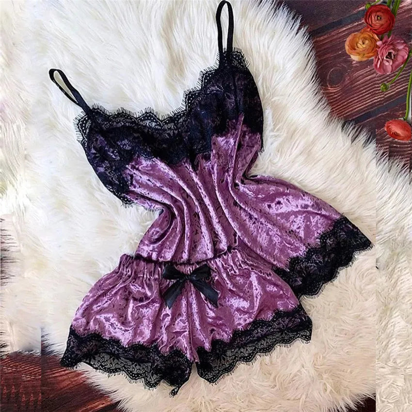 Summer Pyjamas Women Velvet Bow Sleepwear Sleeveless Strap Nightwear Lace Trim Cami Top Pajama Sets Femme Sexy Lingerie