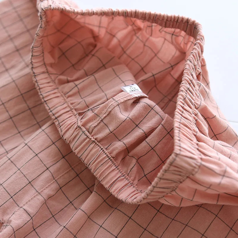 Summer new couple pajamas two-piece men's plaid short-sleeved shorts 100% cotton gauze ladies simple home service set sleepwear