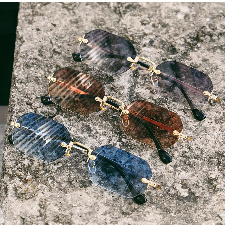 Rimless Rectangle Sunglasses Small Men Glasses Women Metal Gold Polygon Blue Shades 2024 UV400 Frameless