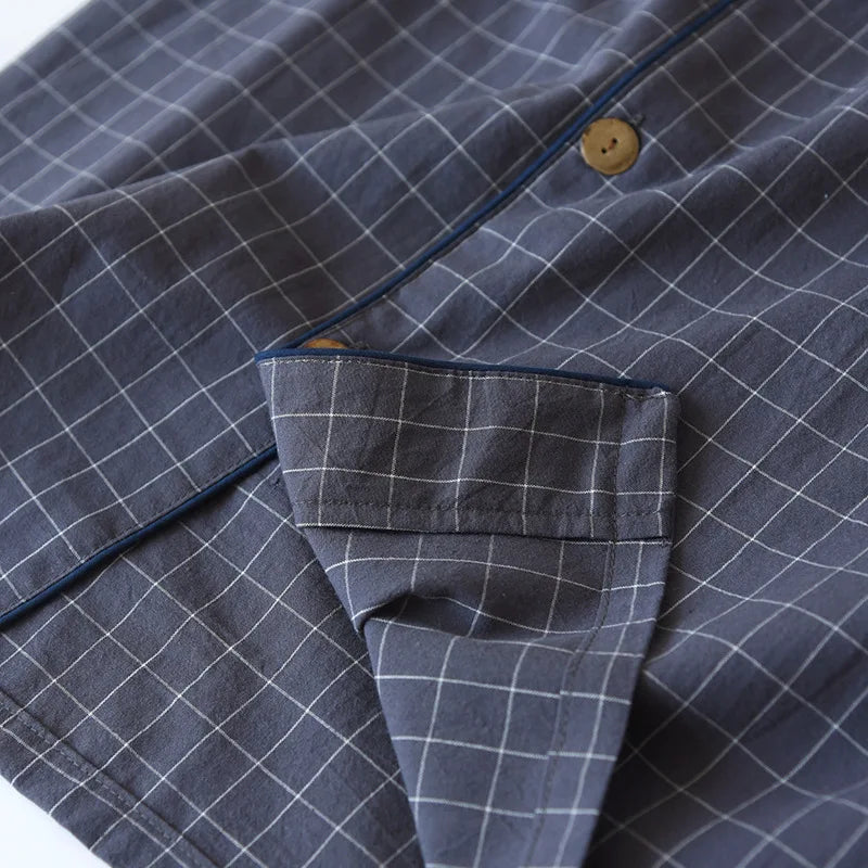 Summer new couple pajamas two-piece men's plaid short-sleeved shorts 100% cotton gauze ladies simple home service set sleepwear