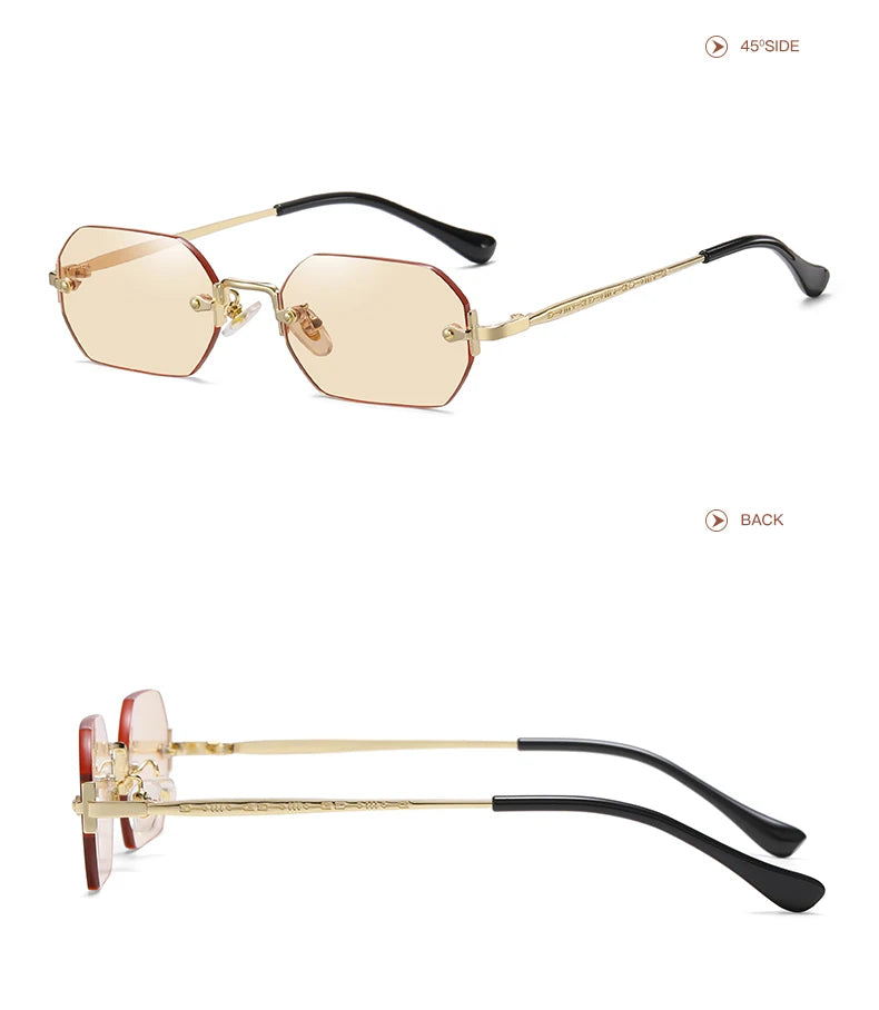 Rimless Rectangle Sunglasses Small Men Glasses Women Metal Gold Polygon Blue Shades 2024 UV400 Frameless
