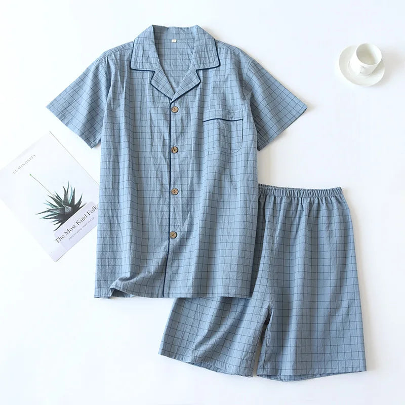 Summer new couple pajamas two-piece men's plaid short-sleeved shorts 100% cotton gauze ladies simple home service set sleepwear