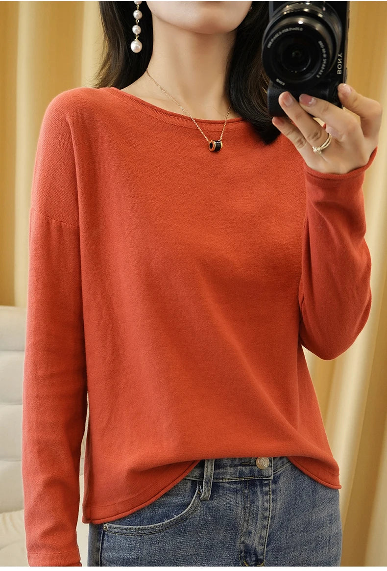 100% Cotton Women Knit Sweater Crimped Edge O-Neck Pullover Bottoming Pure Cotton Sweater Spring Autumn New Tops Clothes