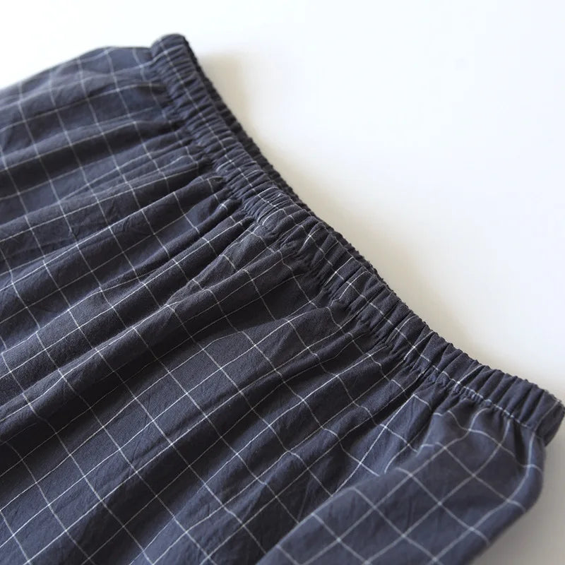 Summer new couple pajamas two-piece men's plaid short-sleeved shorts 100% cotton gauze ladies simple home service set sleepwear