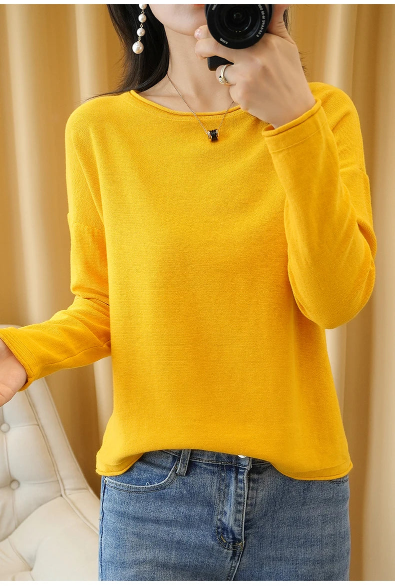 100% Cotton Women Knit Sweater Crimped Edge O-Neck Pullover Bottoming Pure Cotton Sweater Spring Autumn New Tops Clothes