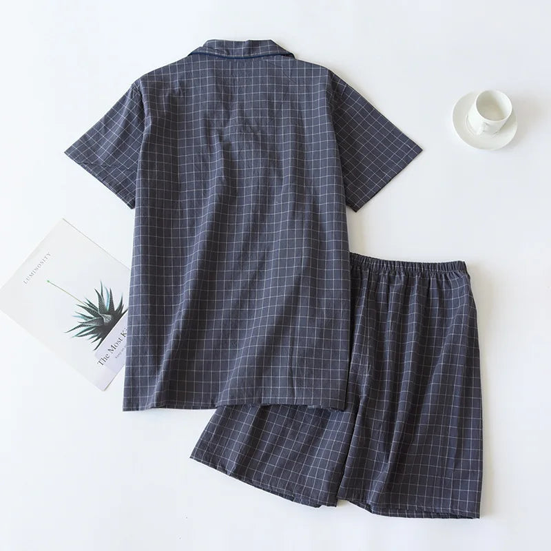 Summer new couple pajamas two-piece men's plaid short-sleeved shorts 100% cotton gauze ladies simple home service set sleepwear