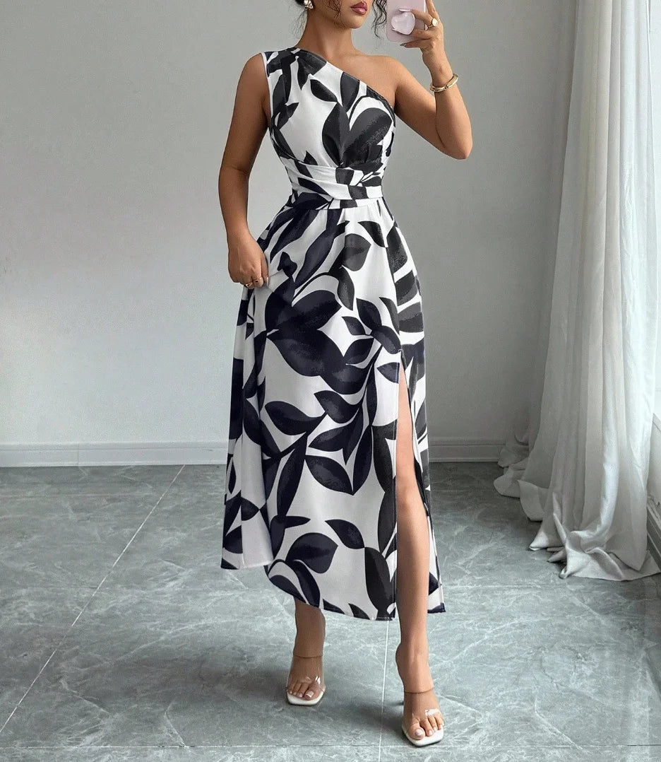 One Shoulder Sleeveless Waist-Cinched Split Maxi Women Dresses Vacation Leaf Print Slimming Long Dresses