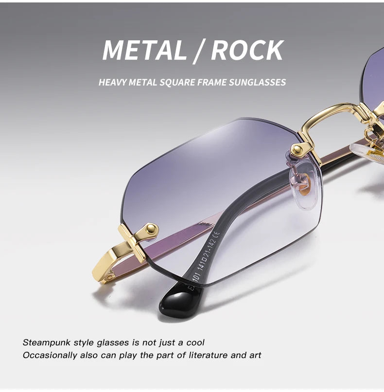 Rimless Rectangle Sunglasses Small Men Glasses Women Metal Gold Polygon Blue Shades 2024 UV400 Frameless