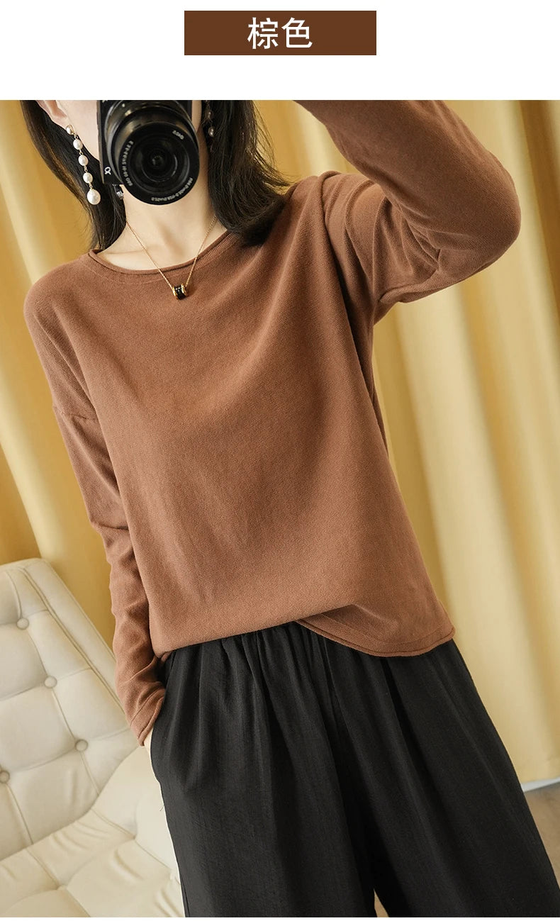 100% Cotton Women Knit Sweater Crimped Edge O-Neck Pullover Bottoming Pure Cotton Sweater Spring Autumn New Tops Clothes