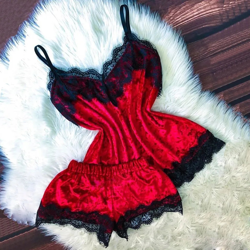 Summer Pyjamas Women Velvet Bow Sleepwear Sleeveless Strap Nightwear Lace Trim Cami Top Pajama Sets Femme Sexy Lingerie