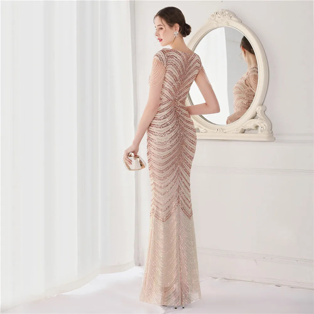 DEERVEADO Elegant V Neck Mermaid Evening Dress Long Luxury Beads Women Evening Party Dresses 2025 New Formal Dress 19085