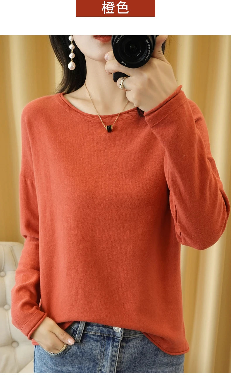100% Cotton Women Knit Sweater Crimped Edge O-Neck Pullover Bottoming Pure Cotton Sweater Spring Autumn New Tops Clothes