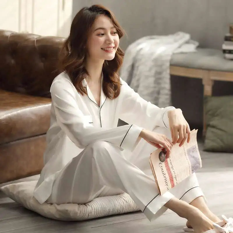 Solid Color Sleepwear Silk Satin Pajamas Couple Set Long Button-Down Pyjamas Suit Pijama Women Men Loungewear Plus Size Pj Set