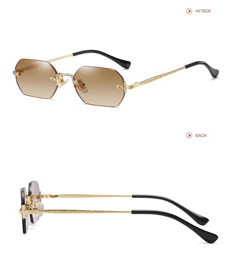 Rimless Rectangle Sunglasses Small Men Glasses Women Metal Gold Polygon Blue Shades 2024 UV400 Frameless