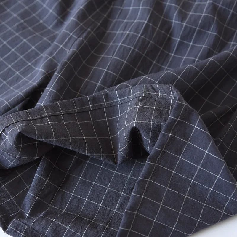 Summer new couple pajamas two-piece men's plaid short-sleeved shorts 100% cotton gauze ladies simple home service set sleepwear