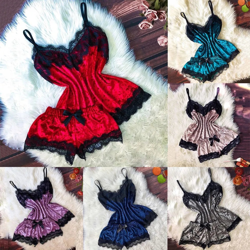 Summer Pyjamas Women Velvet Bow Sleepwear Sleeveless Strap Nightwear Lace Trim Cami Top Pajama Sets Femme Sexy Lingerie