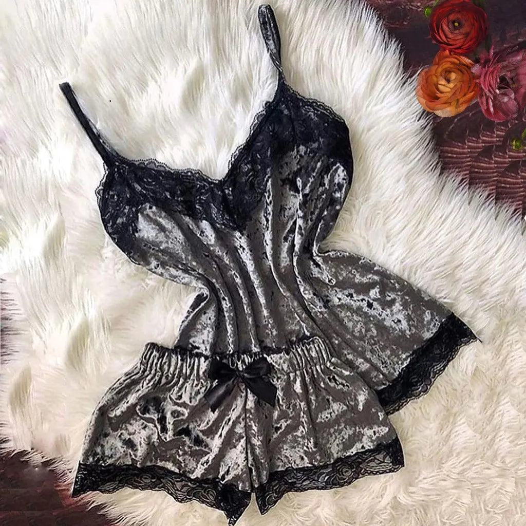 Summer Pyjamas Women Velvet Bow Sleepwear Sleeveless Strap Nightwear Lace Trim Cami Top Pajama Sets Femme Sexy Lingerie
