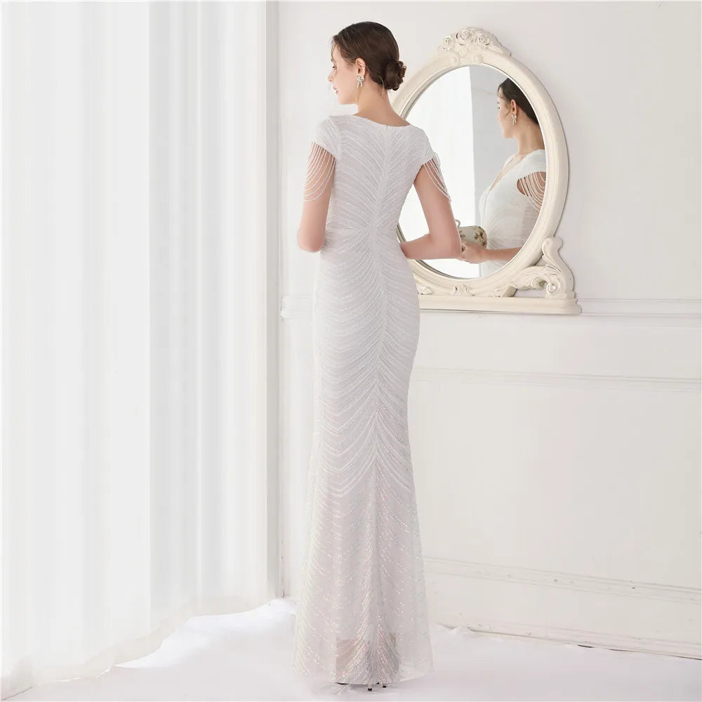 DEERVEADO Elegant V Neck Mermaid Evening Dress Long Luxury Beads Women Evening Party Dresses 2025 New Formal Dress 19085
