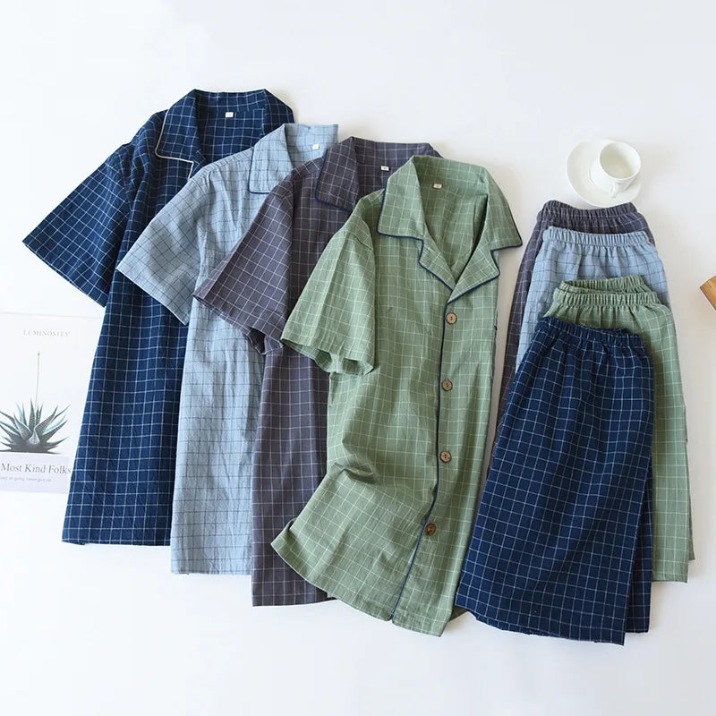 Summer new couple pajamas two-piece men's plaid short-sleeved shorts 100% cotton gauze ladies simple home service set sleepwear