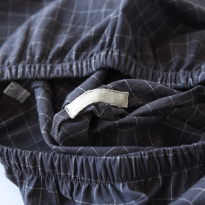 Summer new couple pajamas two-piece men's plaid short-sleeved shorts 100% cotton gauze ladies simple home service set sleepwear