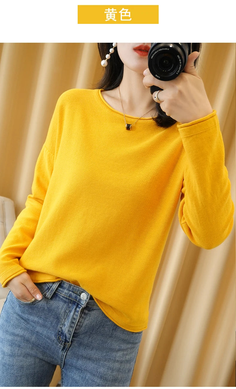 100% Cotton Women Knit Sweater Crimped Edge O-Neck Pullover Bottoming Pure Cotton Sweater Spring Autumn New Tops Clothes