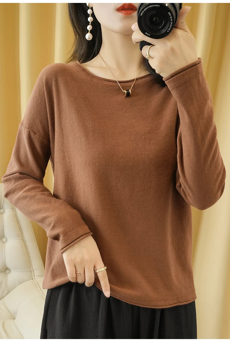 100% Cotton Women Knit Sweater Crimped Edge O-Neck Pullover Bottoming Pure Cotton Sweater Spring Autumn New Tops Clothes